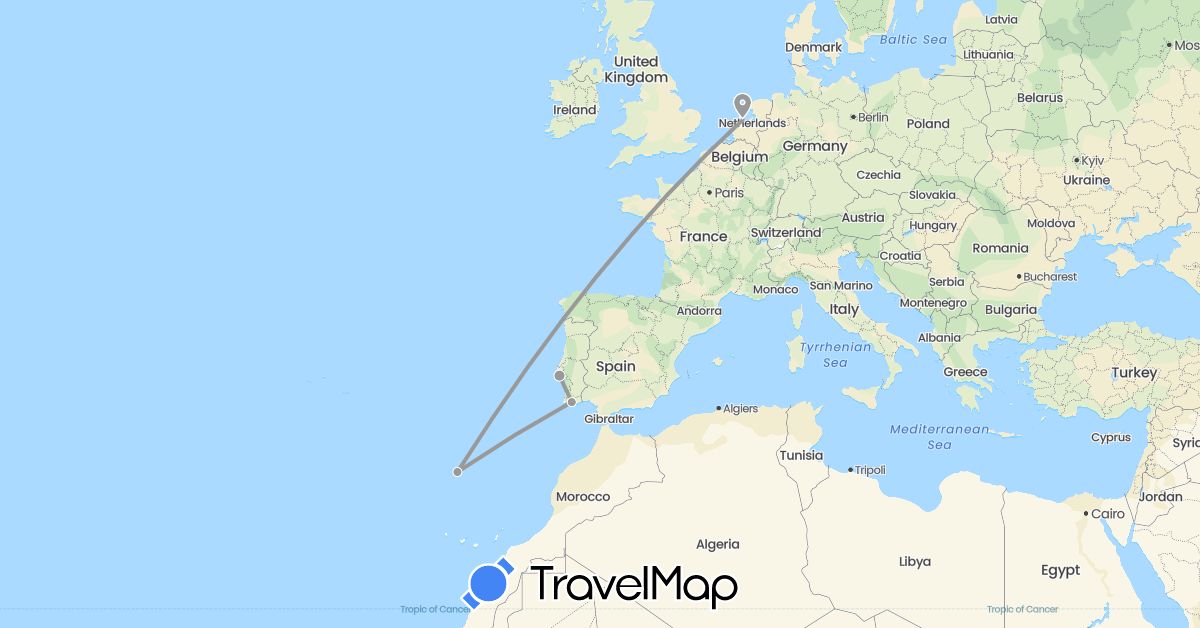 TravelMap itinerary: driving, plane in Netherlands, Portugal (Europe)